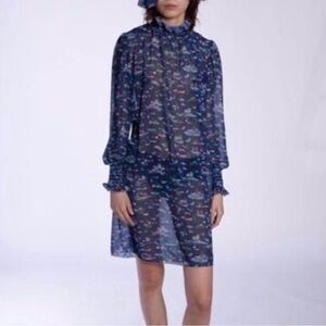 Anna Sui SOLD OUT Navy Floral mock neck Long Sleeve Dress